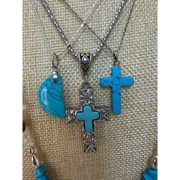 Layered Turquoise Look & Silver Tone Necklace Set With Cross & Bear Pendants - Picture 4 of 10